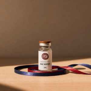 Pürveyor BAC Water 10ML US Lyophilized vial on warm ribbon background