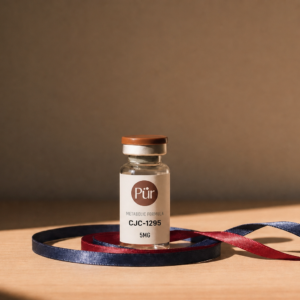Pürveyor CJC-1295 w/no DAC 5MG US Lyophilized vial on warm ribbon background