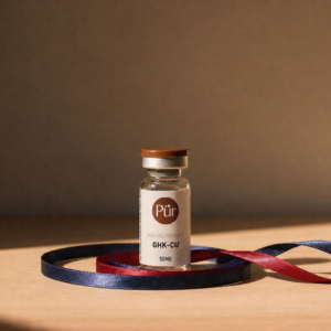 Pürveyor GHK-CU 50MG US Lyophilized vial on warm ribbon background