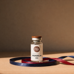 Pürveyor Ipamorelin 10MG US Lyophilized vial on warm ribbon background