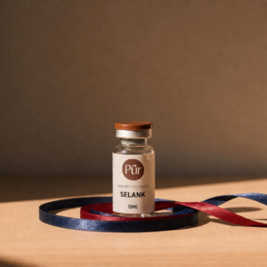 Pürveyor Selank 10MG US Lyophilized vial on warm ribbon background