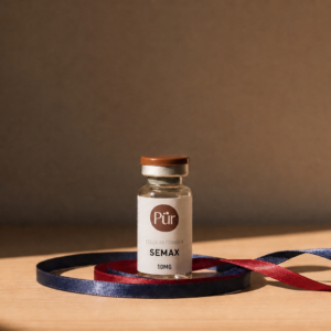 Pürveyor Semax 10MG US Lyophilized vial on warm ribbon background